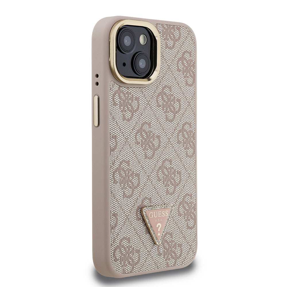 Apple iPhone 13/15 Kılıf Guess Kamera Standlı M-Safe Özellikli Kapak Üçgen Logo 4G Desenli Pembe