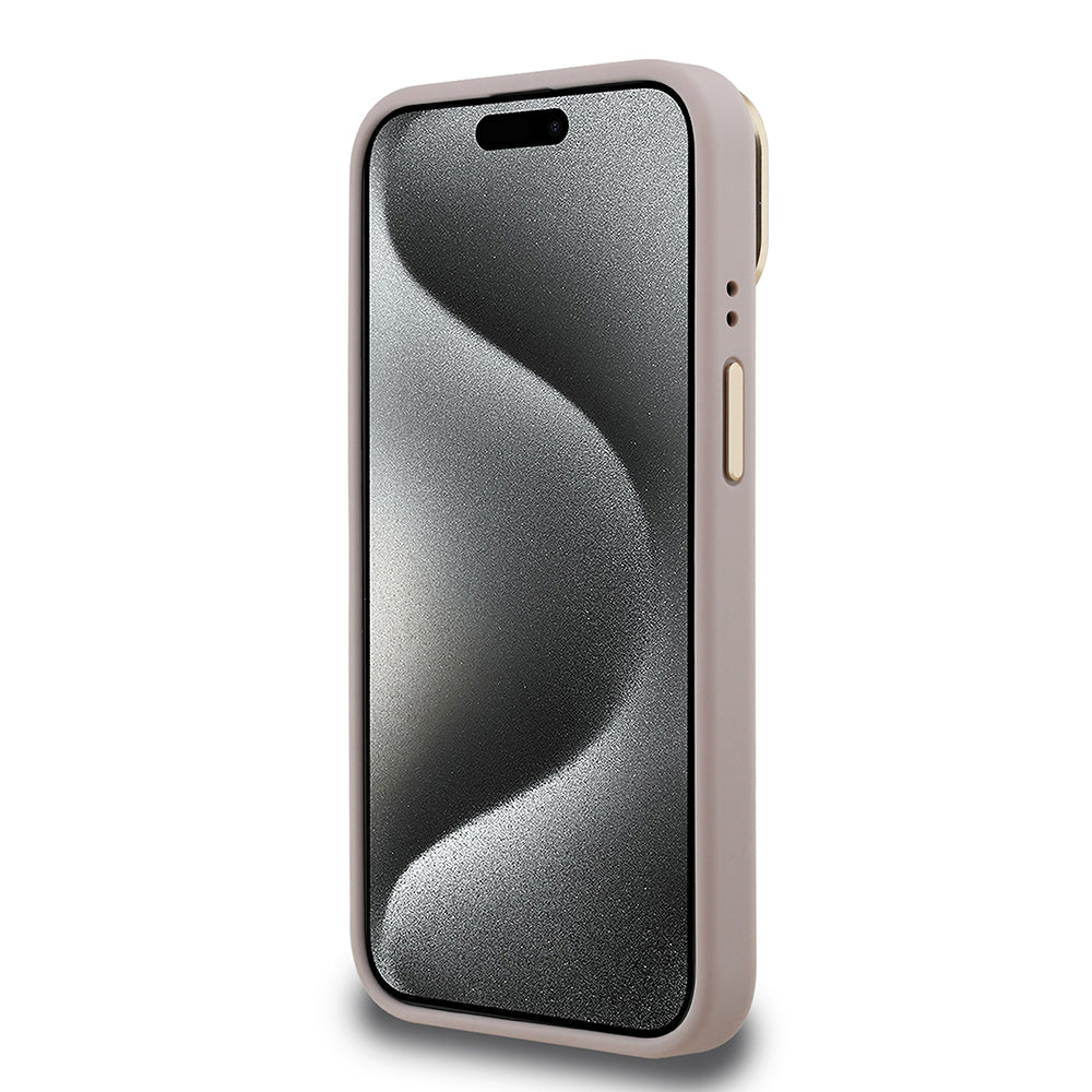 Apple iPhone 13/15 Kılıf Guess Kamera Standlı M-Safe Özellikli Kapak Üçgen Logo 4G Desenli Pembe