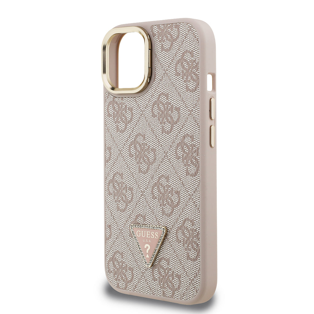 Apple iPhone 13/15 Kılıf Guess Kamera Standlı M-Safe Özellikli Kapak Üçgen Logo 4G Desenli Pembe