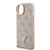 Apple iPhone 15 Kılıf Guess Kamera Standlı M-Safe Özellikli Kapak Üçgen Logo 4G Desenli Pembe