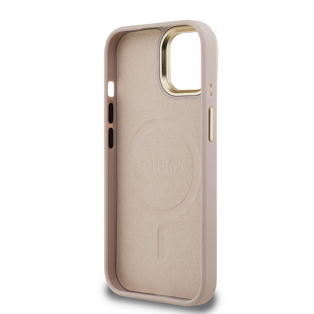 Apple iPhone 13/15 Kılıf Guess Kamera Standlı M-Safe Özellikli Kapak Üçgen Logo 4G Desenli Pembe
