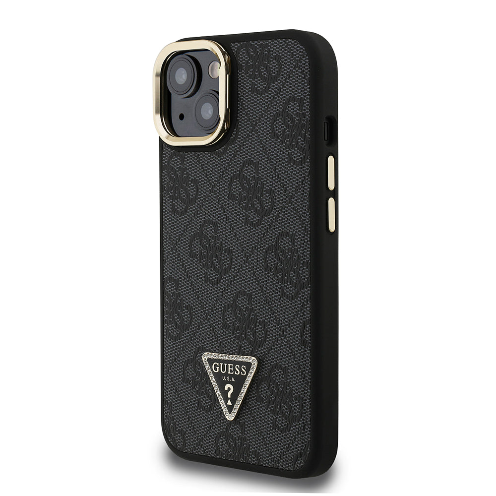 Apple iPhone 13/15 Kılıf Guess Kamera Standlı M-Safe Özellikli Kapak Üçgen Logo 4G Desenli Siyah