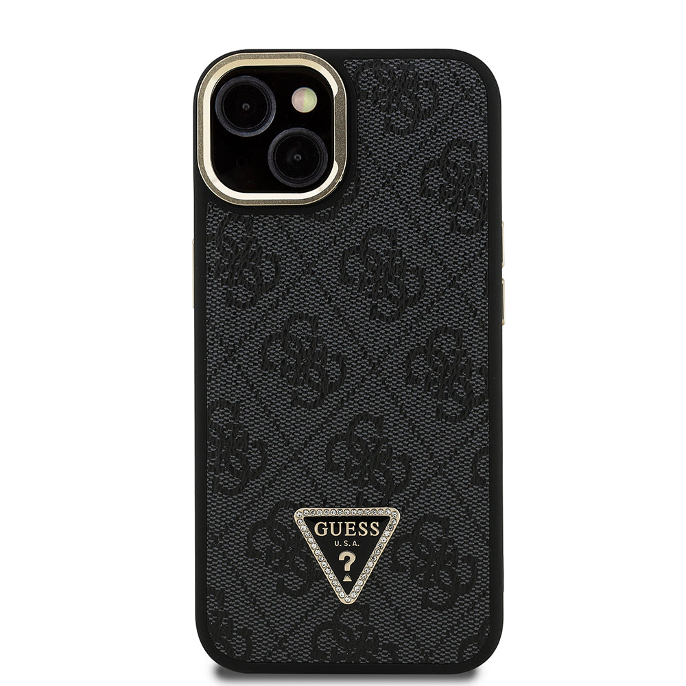 Apple iPhone 13/15 Kılıf Guess Kamera Standlı M-Safe Özellikli Kapak Üçgen Logo 4G Desenli Siyah
