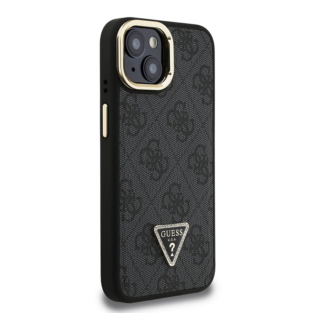 Apple iPhone 13/15 Kılıf Guess Kamera Standlı M-Safe Özellikli Kapak Üçgen Logo 4G Desenli Siyah