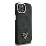 Apple iPhone 15 Kılıf Guess Kamera Standlı M-Safe Özellikli Kapak Üçgen Logo 4G Desenli Siyah