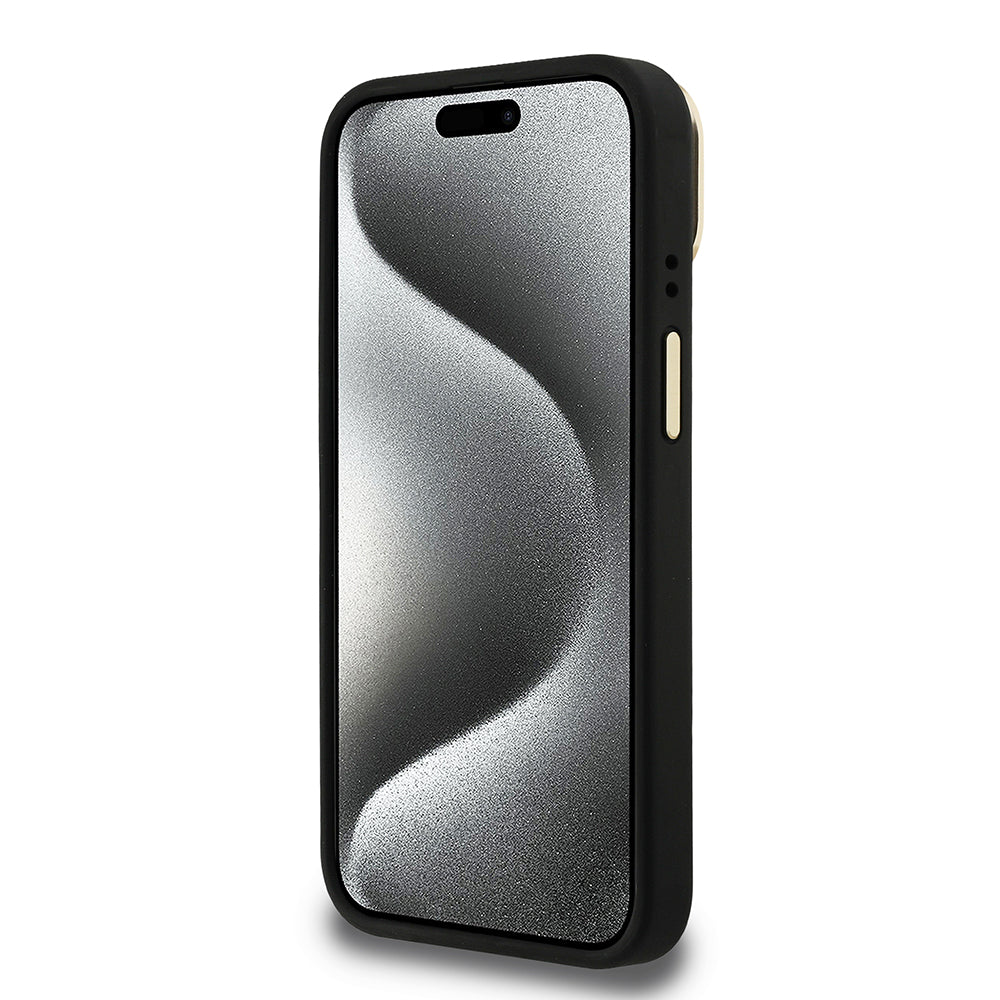 Apple iPhone 13/15 Kılıf Guess Kamera Standlı M-Safe Özellikli Kapak Üçgen Logo 4G Desenli Siyah