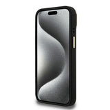 Apple iPhone 15 Kılıf Guess Kamera Standlı M-Safe Özellikli Kapak Üçgen Logo 4G Desenli Siyah