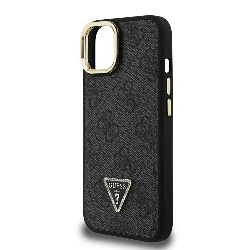 Apple iPhone 13/15 Kılıf Guess Kamera Standlı M-Safe Özellikli Kapak Üçgen Logo 4G Desenli Siyah