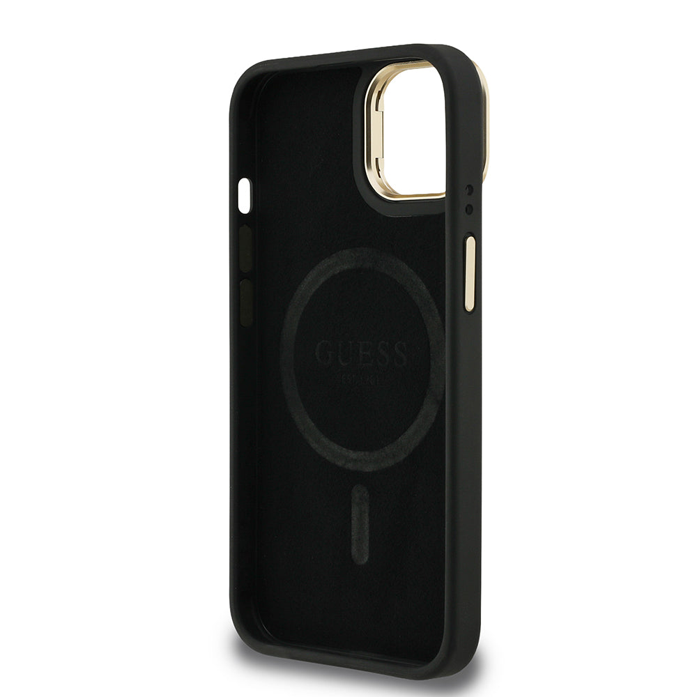 Apple iPhone 13/15 Kılıf Guess Kamera Standlı M-Safe Özellikli Kapak Üçgen Logo 4G Desenli Siyah