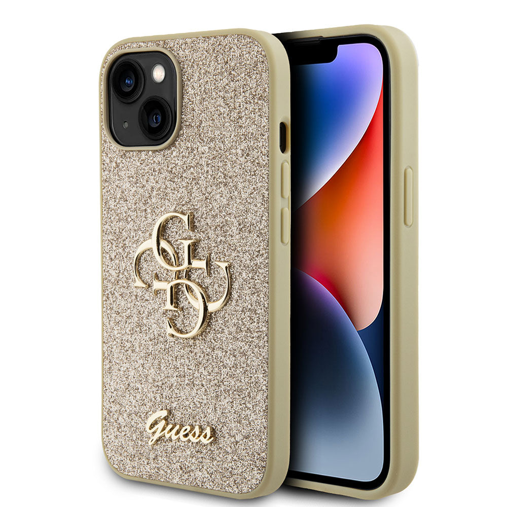 Apple iPhone 13/15 Kılıf Guess 4G Büyük Metal Logolu Glitter Kapak Gold