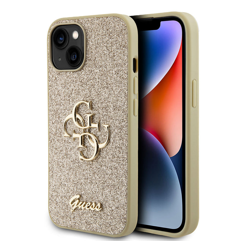 Apple iPhone 15 Kılıf Guess 4G Büyük Metal Logolu Glitter Kapak Gold