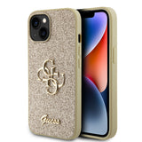 Apple iPhone 15 Kılıf Guess 4G Büyük Metal Logolu Glitter Kapak Gold