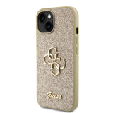 Apple iPhone 15 Kılıf Guess 4G Büyük Metal Logolu Glitter Kapak Gold