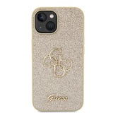Apple iPhone 15 Kılıf Guess 4G Büyük Metal Logolu Glitter Kapak Gold