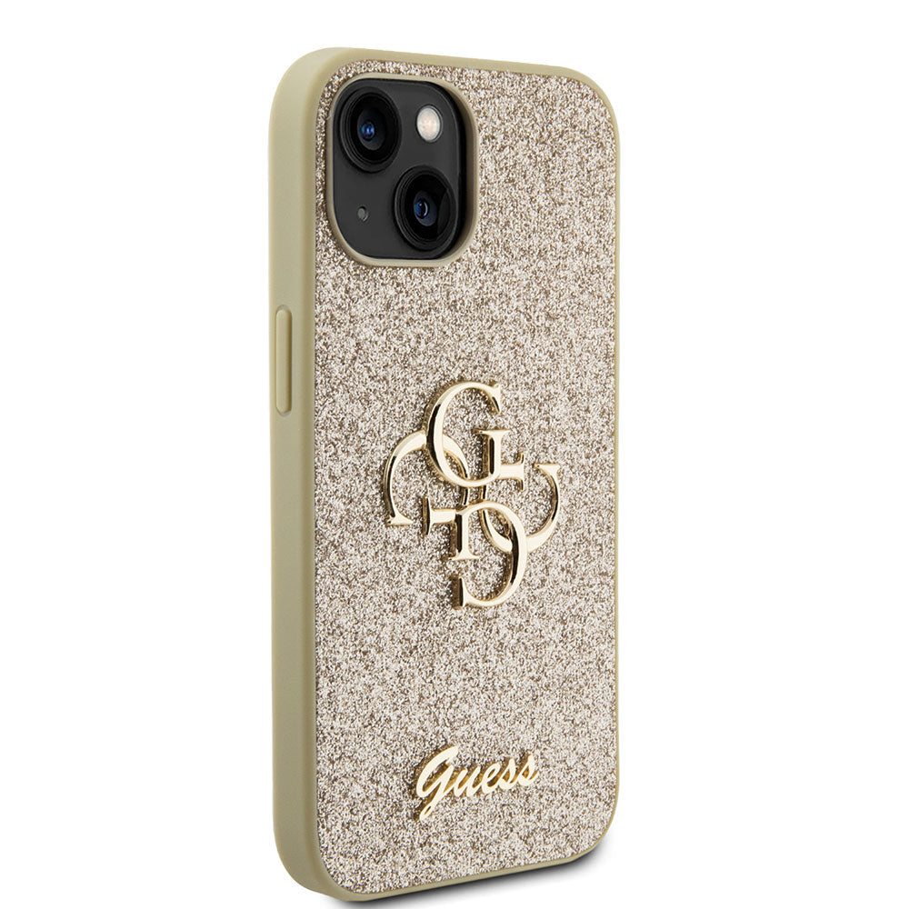 Apple iPhone 13/15 Kılıf Guess 4G Büyük Metal Logolu Glitter Kapak Gold