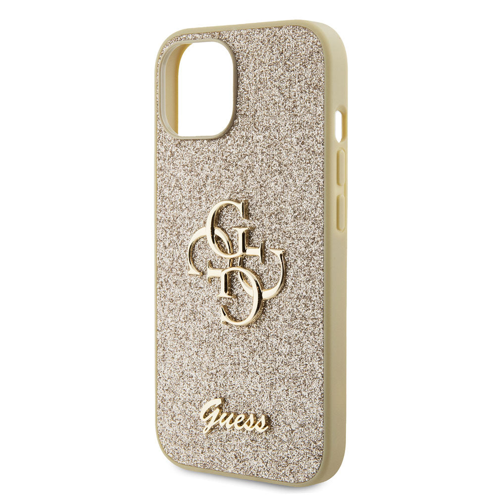 Apple iPhone 13/15 Kılıf Guess 4G Büyük Metal Logolu Glitter Kapak Gold