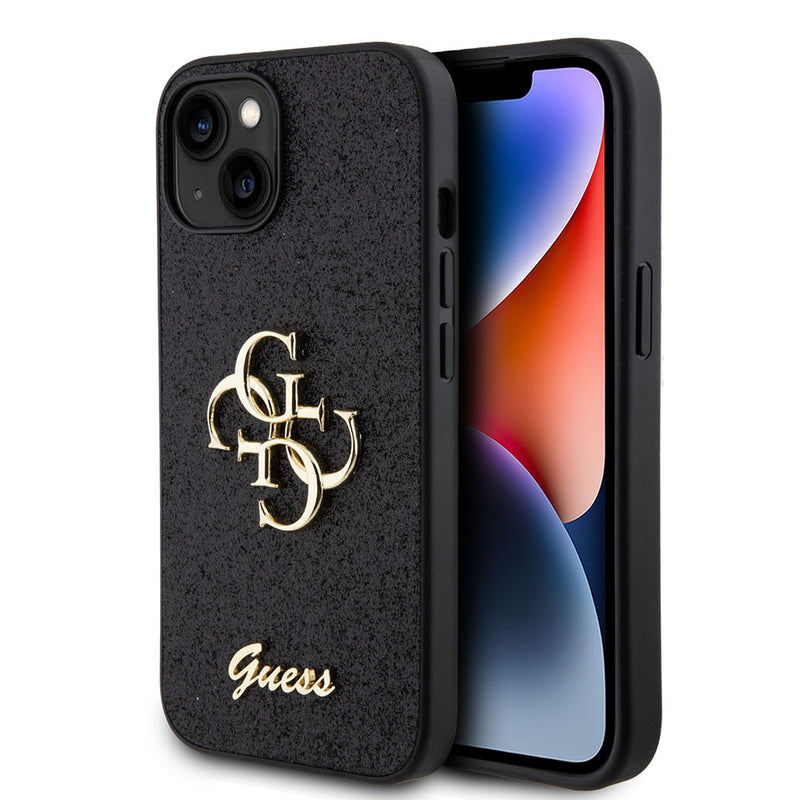 Apple iPhone 15 Kılıf Guess 4G Büyük Metal Logolu Glitter Kapak Siyah