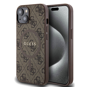Apple iPhone 14 Kılıf Guess Magsafe Şarj Özellikli 4G Desenli Yazı Logolu Kapak Kahverengi