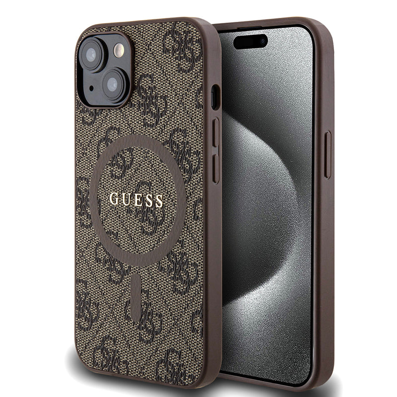Apple iPhone 15 Kılıf Guess Magsafe Şarj Özellikli 4G Desenli Yazı Logolu Kapak Kahverengi