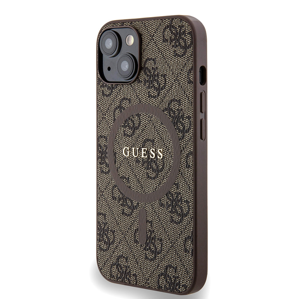 Apple iPhone 13/15 Kılıf Guess Magsafe Şarj Özellikli 4G Desenli Yazı Logolu Kapak Kahverengi