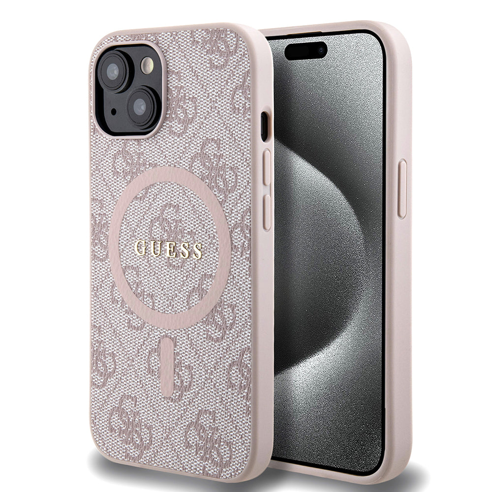 Apple iPhone 13/15 Kılıf Guess Magsafe Şarj Özellikli 4G Desenli Yazı Logolu Kapak Pembe
