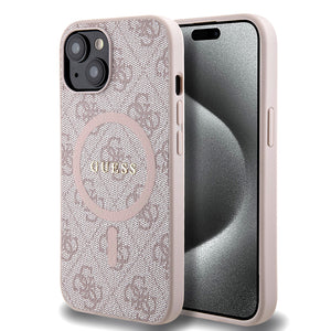 Apple iPhone 15 Kılıf Guess Magsafe Şarj Özellikli 4G Desenli Yazı Logolu Kapak Pembe