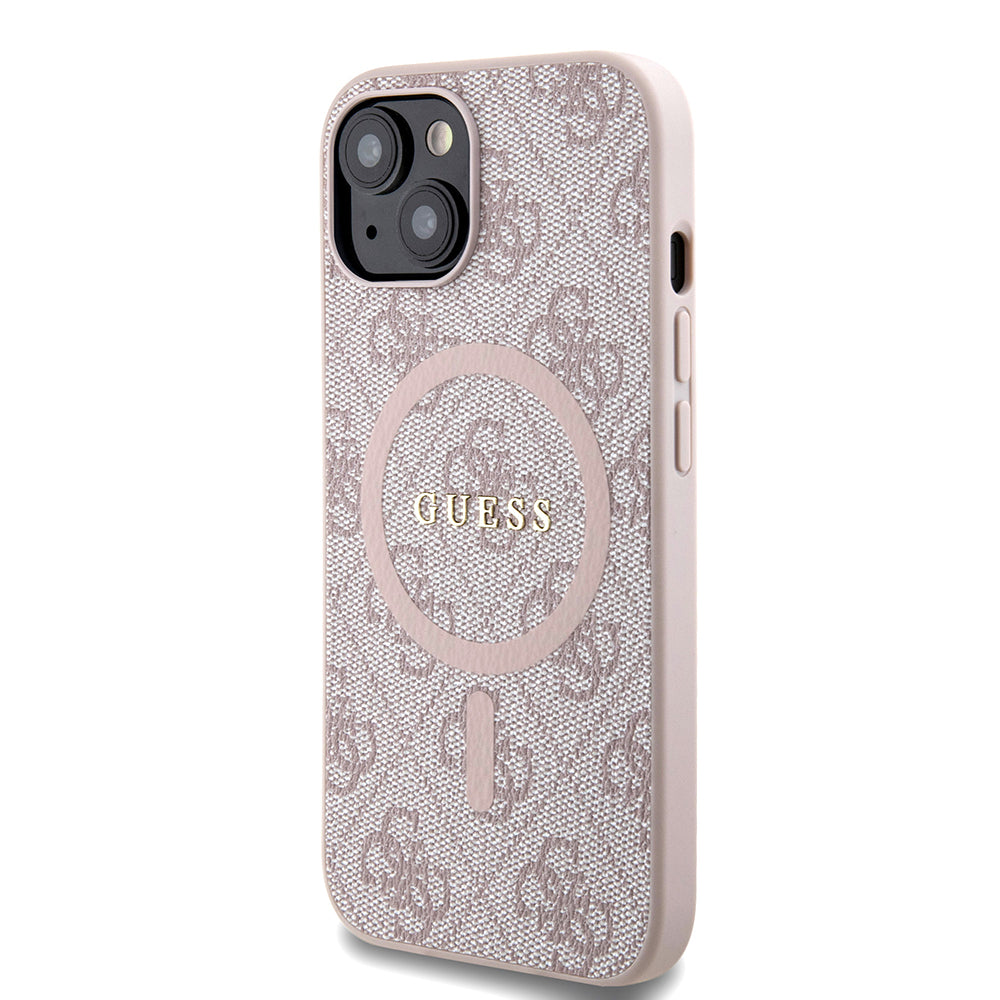 Apple iPhone 13/15 Kılıf Guess Magsafe Şarj Özellikli 4G Desenli Yazı Logolu Kapak Pembe