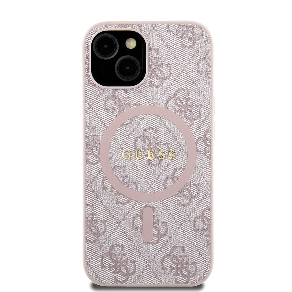 Apple iPhone 13/15 Kılıf Guess Magsafe Şarj Özellikli 4G Desenli Yazı Logolu Kapak Pembe