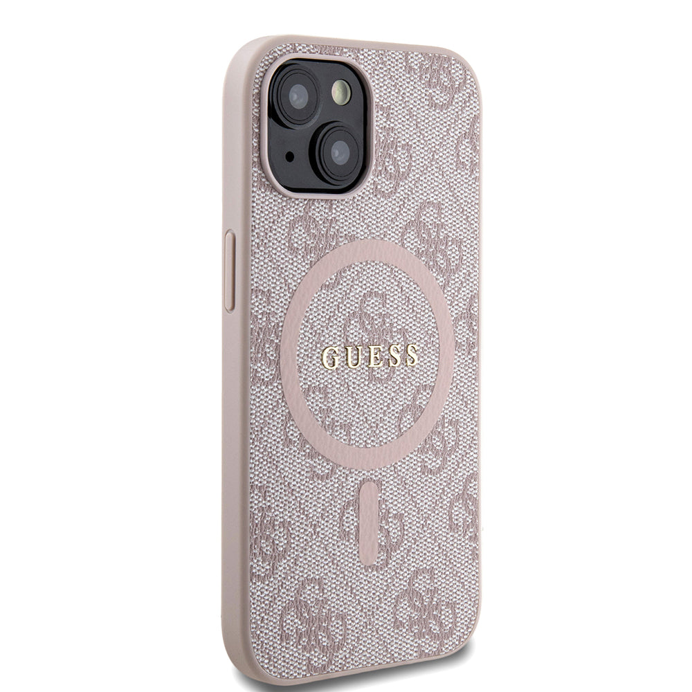 Apple iPhone 13/15 Kılıf Guess Magsafe Şarj Özellikli 4G Desenli Yazı Logolu Kapak Pembe