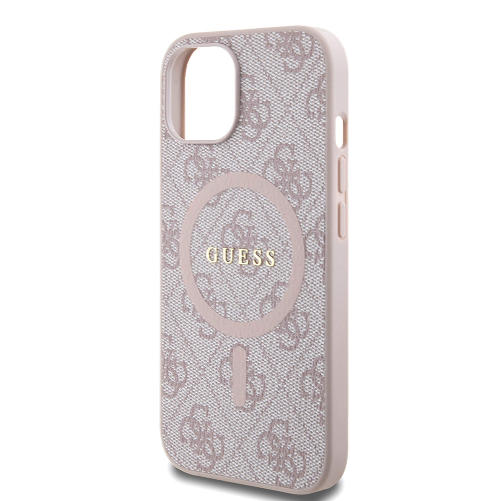 Apple iPhone 13/15 Kılıf Guess Magsafe Şarj Özellikli 4G Desenli Yazı Logolu Kapak Pembe