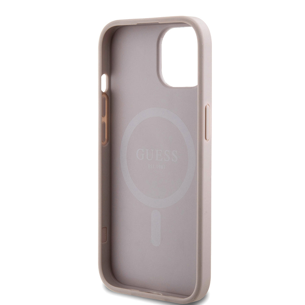 Apple iPhone 13/15 Kılıf Guess Magsafe Şarj Özellikli 4G Desenli Yazı Logolu Kapak Pembe