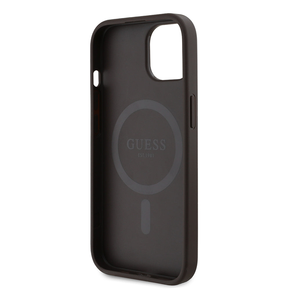 Apple iPhone 14 Kılıf Guess Magsafe Şarj Özellikli PU Üçgen Logolu 4G Desenli Kapak Kahverengi