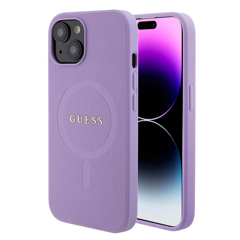 Apple iPhone 15 Kılıf Guess Magsafe Şarj Özellikli Saffiano Kapak Mor