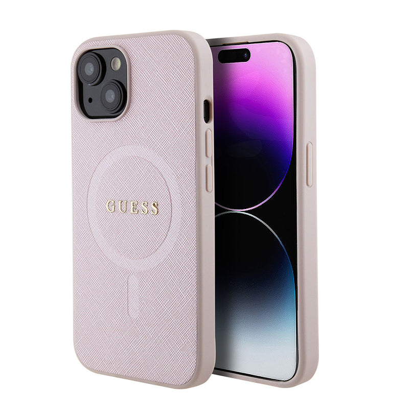 Apple iPhone 15 Kılıf Guess Magsafe Şarj Özellikli Saffiano Kapak Pembe
