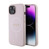 Apple iPhone 15 Kılıf Guess Magsafe Şarj Özellikli Saffiano Kapak Pembe
