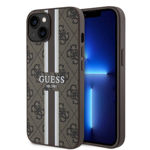 Apple iPhone 15 Kılıf Guess Magsafe Şarj Özellikli Şerit Tasarımlı Kapak Kahverengi