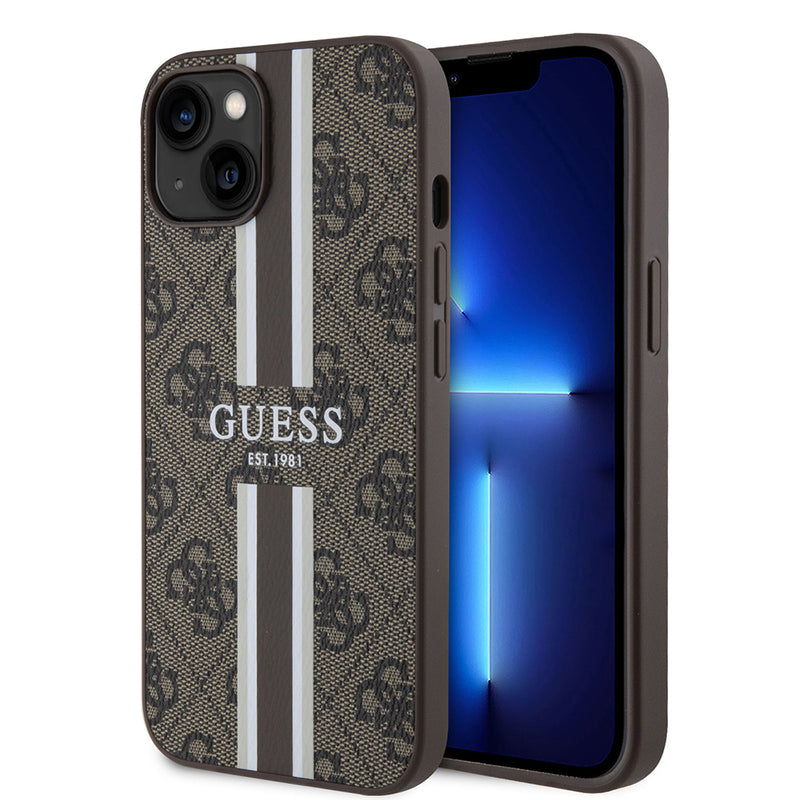 Apple iPhone 15 Kılıf Guess Magsafe Şarj Özellikli Şerit Tasarımlı Kapak Kahverengi
