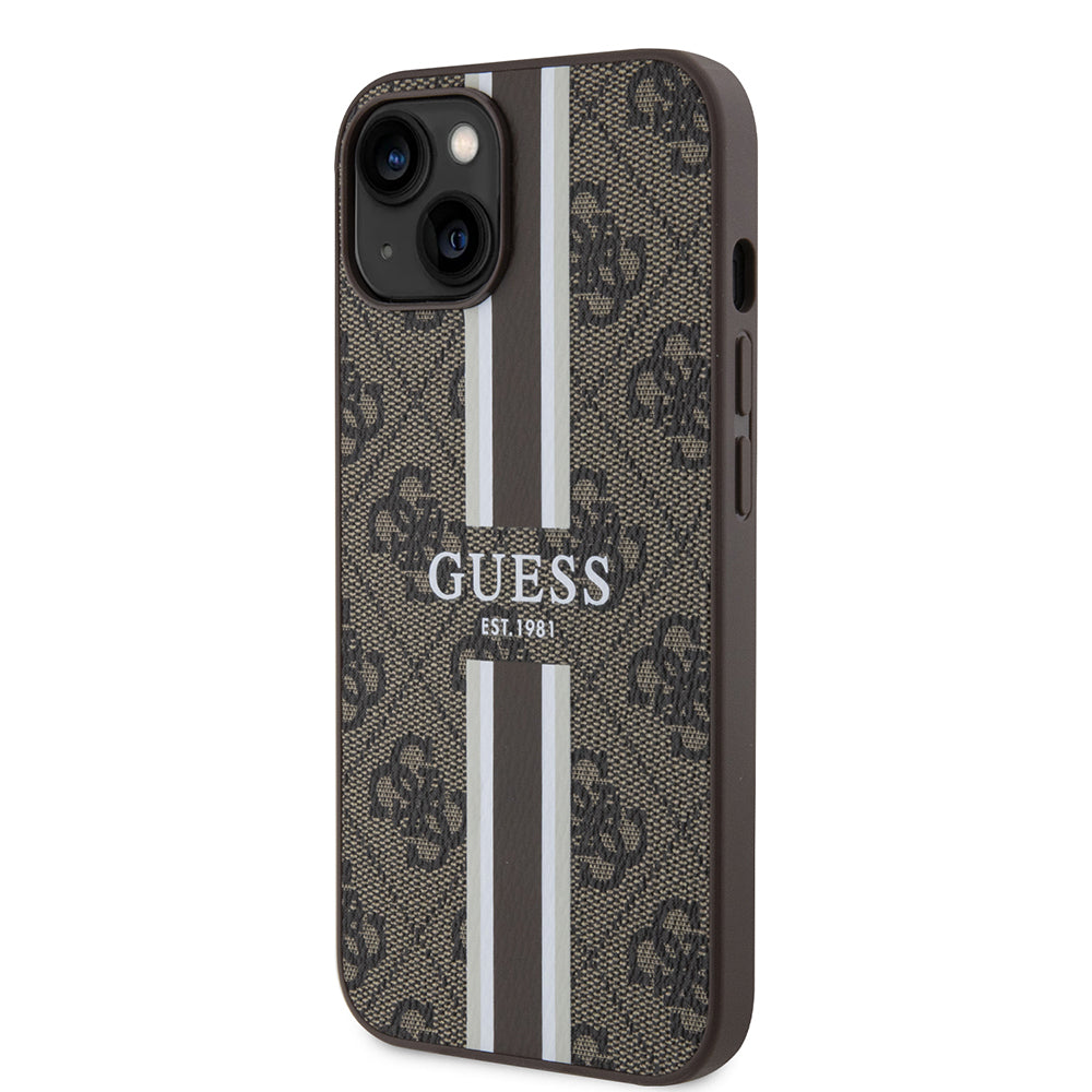 Apple iPhone 13/15 Kılıf Guess Magsafe Şarj Özellikli Şerit Tasarımlı Kapak Kahverengi