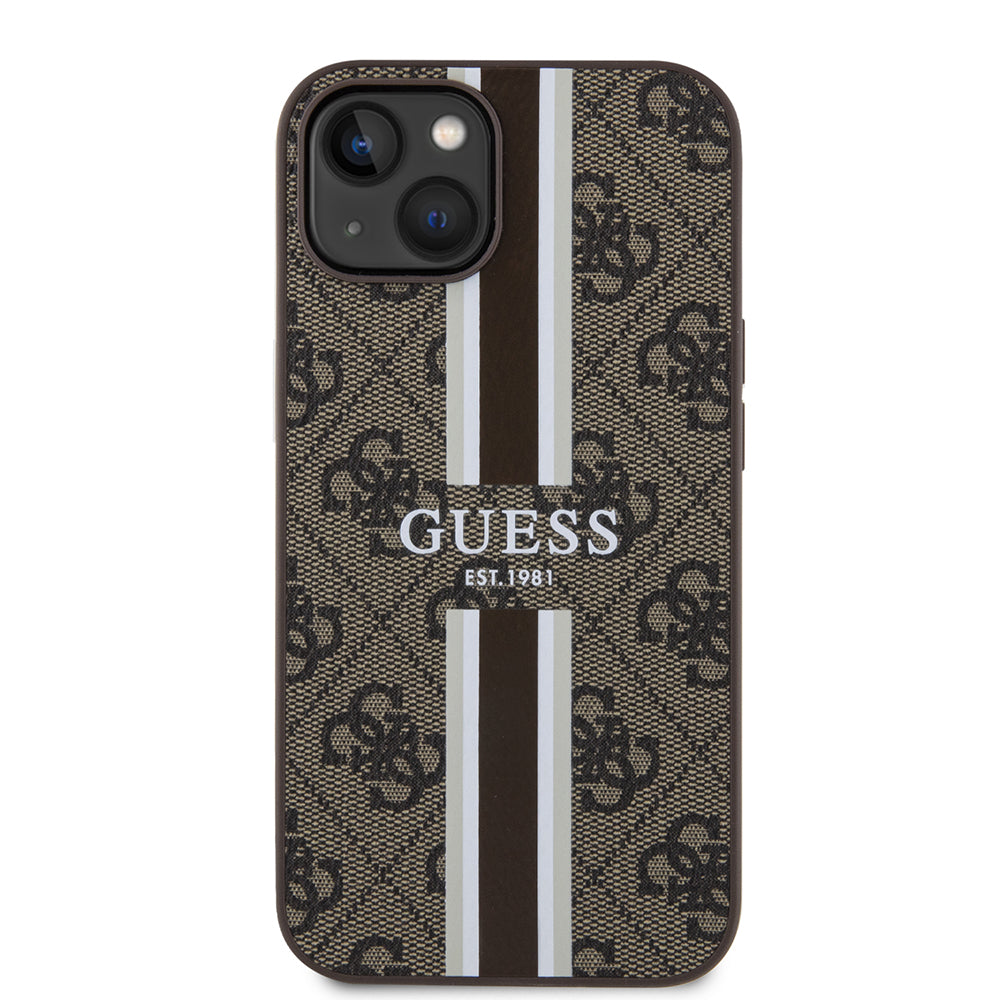 Apple iPhone 13/15 Kılıf Guess Magsafe Şarj Özellikli Şerit Tasarımlı Kapak Kahverengi