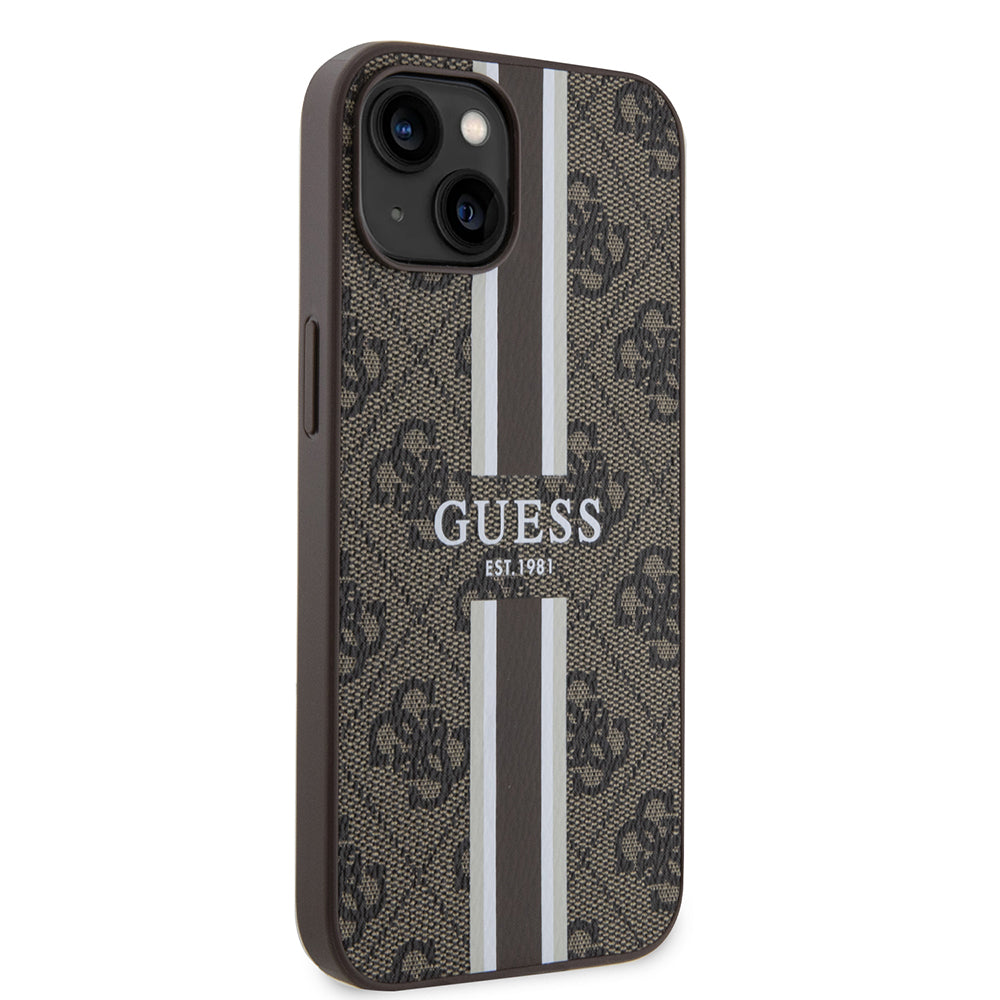 Apple iPhone 13/15 Kılıf Guess Magsafe Şarj Özellikli Şerit Tasarımlı Kapak Kahverengi