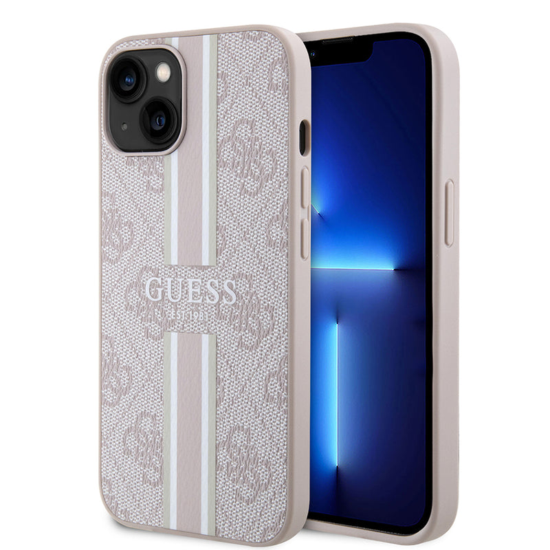 Apple iPhone 15 Kılıf Guess Magsafe Şarj Özellikli Şerit Tasarımlı Kapak Pembe