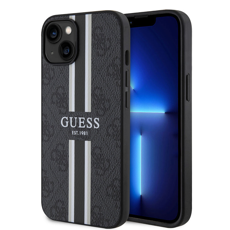 Apple iPhone 15 Kılıf Guess Magsafe Şarj Özellikli Şerit Tasarımlı Kapak Siyah