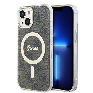 Apple iPhone 15 Kılıf Guess Magsafe Şarj Özellikli Yazı Logolu 4G Desenli Kapak Kahverengi