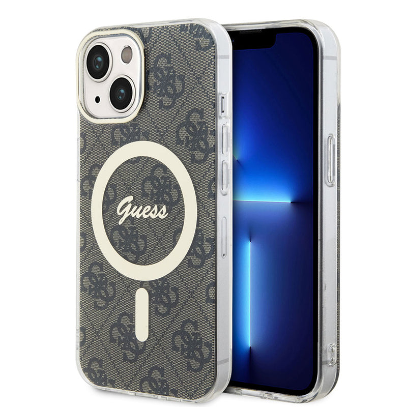 Apple iPhone 15 Kılıf Guess Magsafe Şarj Özellikli Yazı Logolu 4G Desenli Kapak Kahverengi
