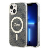 Apple iPhone 15 Kılıf Guess Magsafe Şarj Özellikli Yazı Logolu 4G Desenli Kapak Kahverengi
