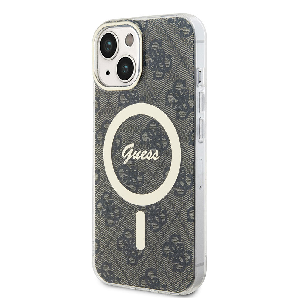 Apple iPhone 13/15 Kılıf Guess Magsafe Şarj Özellikli Yazı Logolu 4G Desenli Kapak Kahverengi