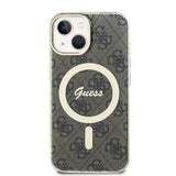 Apple iPhone 15 Kılıf Guess Magsafe Şarj Özellikli Yazı Logolu 4G Desenli Kapak Kahverengi
