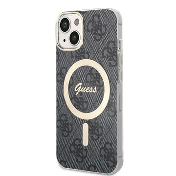 Apple iPhone 13/15 Kılıf Guess Magsafe Şarj Özellikli Yazı Logolu 4G Desenli Kapak Siyah