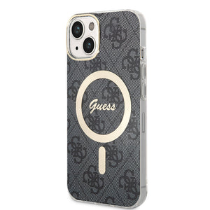 Apple iPhone 15 Kılıf Guess Magsafe Şarj Özellikli Yazı Logolu 4G Desenli Kapak Siyah