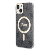 Apple iPhone 15 Kılıf Guess Magsafe Şarj Özellikli Yazı Logolu 4G Desenli Kapak Siyah